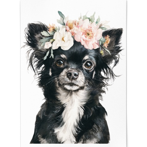 Watercolor Black Chihuahua with Flowers Portrait Wall Art Print Poster Unframed - Picture 2 of 6